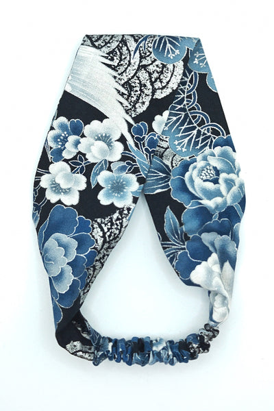 Bandeau à cheveux tissu japonais fleurs et grues bleues argenté