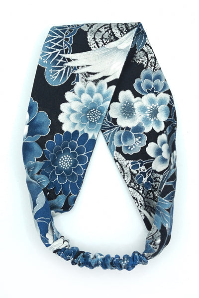 Bandeau à cheveux tissu japonais fleurs et grues bleues argenté