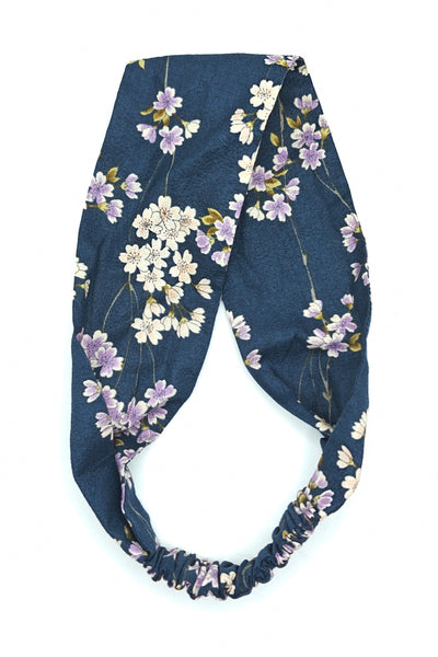 Bandeau cheveux femme en tissu japonais marine et sakura à plat