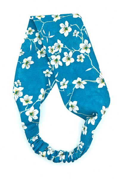 Bandeau pour cheveux en tissu fleurs d'amandier bleu turquoise