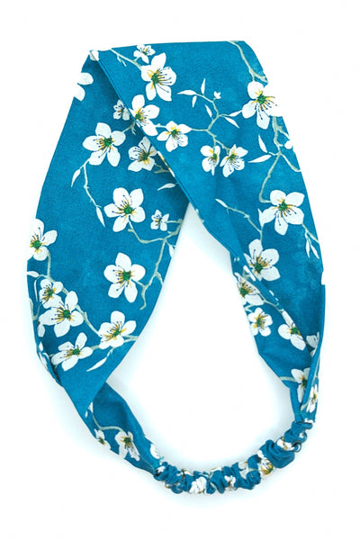 Bandeau pour cheveux en tissu fleurs d'amandier bleu turquoise