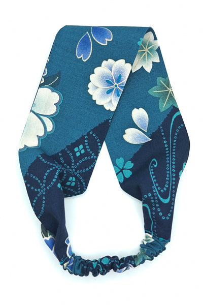 Bandeau pour cheveux en tissu japonais fleuri bleu turquoise