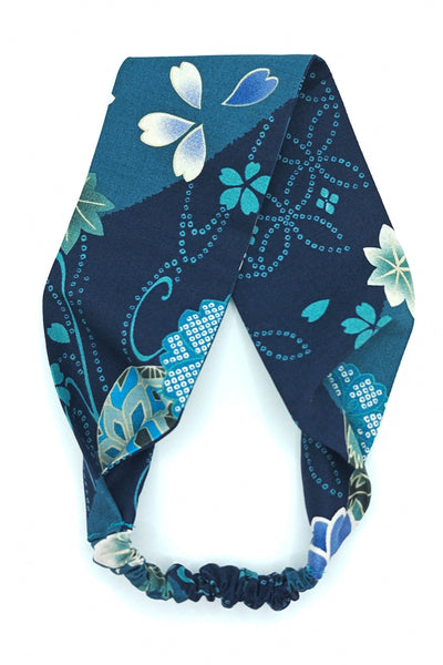 Bandeau pour cheveux en tissu japonais fleuri bleu turquoise