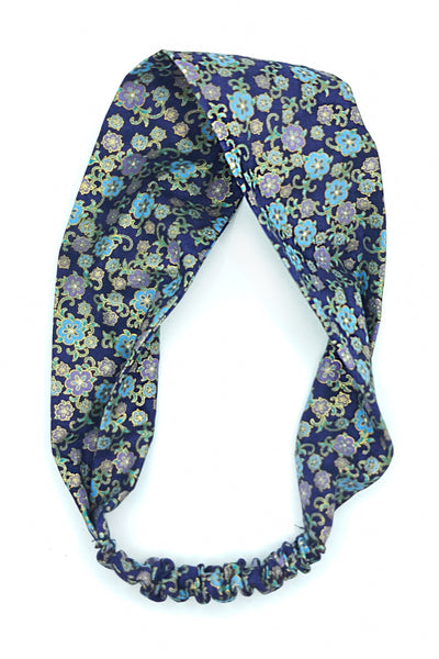 Bandeau pour cheveux en tissu japonais fleuri bleu et violet
