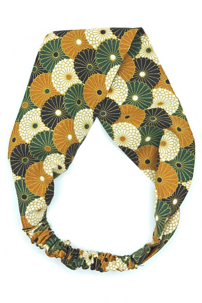 Bandeau pour cheveux en tissu japonais fleuri vert et jaune