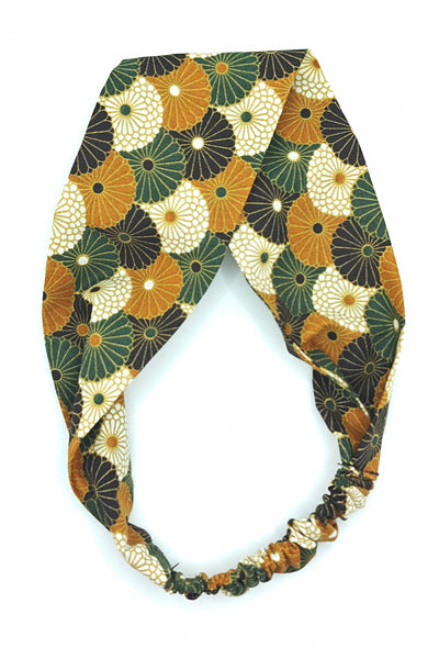 Bandeau pour cheveux en tissu japonais fleuri vert et jaune