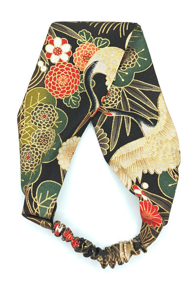 Bandeau à cheveux tissu japonais  grues et pins vert kaki et marron