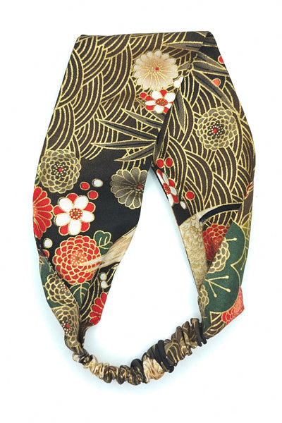 Bandeau à cheveux tissu japonais  grues et pins vert kaki et marron