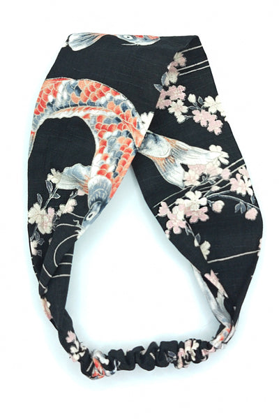 Bandeau pour cheveux en tissu japonais noir fleuri sakura et carpes koï