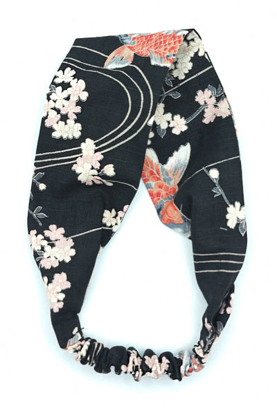 Bandeau pour cheveux en tissu japonais noir fleuri sakura et carpes koï
