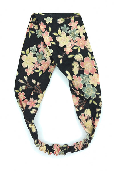 Bandeau pour cheveux en tissu japonais noir fleuri sakura