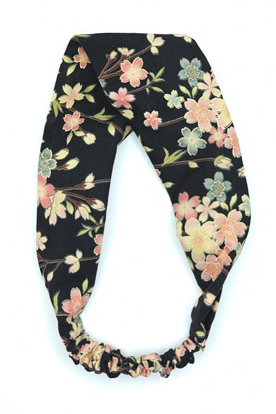 Bandeau pour cheveux en tissu japonais noir fleuri sakura