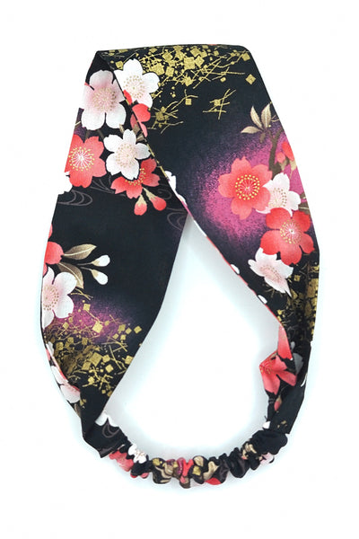 Bandeau pour cheveux en tissu japonais fleuri sakura rose et noir
