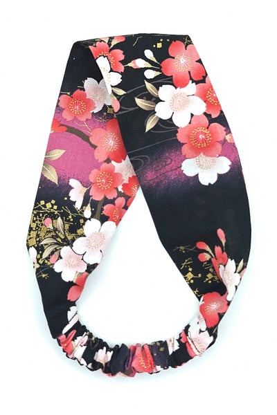 Bandeau pour cheveux en tissu japonais fleuri sakura rose et noir