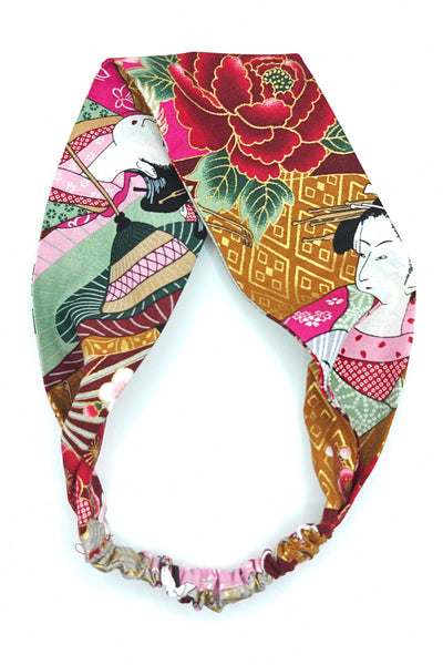 Bandeau cheveux femme en tissu japonais geisha bordeaux à plat