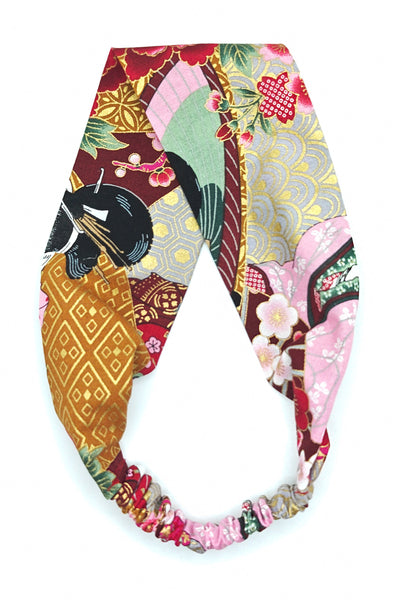 Bandeau cheveux femme en tissu japonais geisha bordeaux à plat