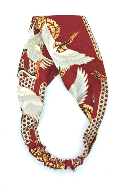 Bandeau pour cheveux en tissu japonais bordeaux à motif de grues 