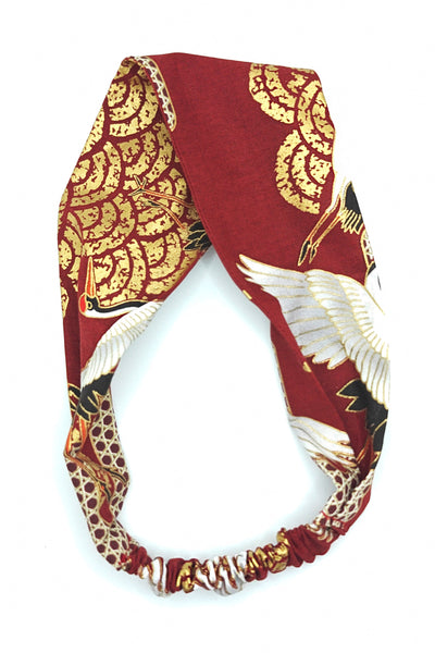 Bandeau pour cheveux en tissu japonais bordeaux à motif de grues 