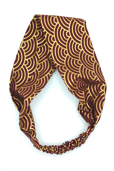 Bandeau à cheveux Seigaiha or bordeaux