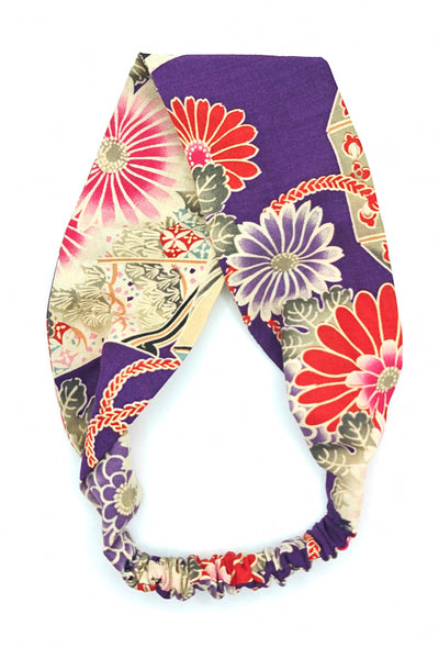 Bandeau pour cheveux en tissu japonais fleuri violet
