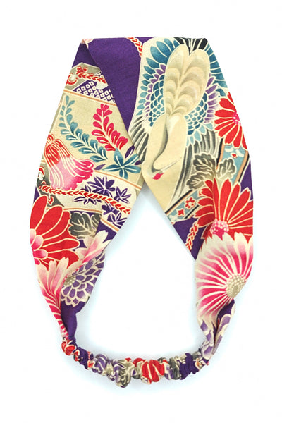 Bandeau pour cheveux en tissu japonais fleuri violet