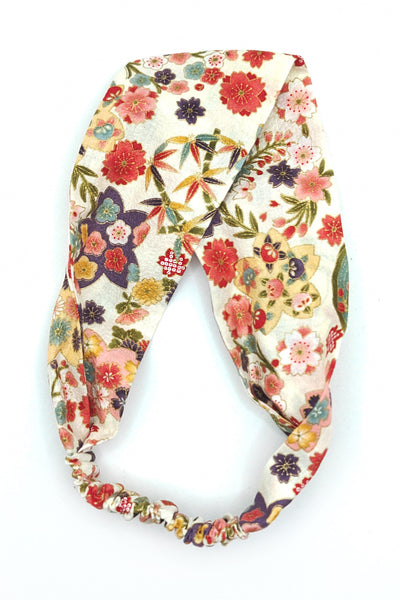 Bandeau pour cheveux en tissu japonais fleuri blanc
