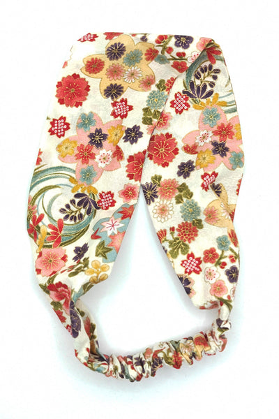 Bandeau pour cheveux en tissu japonais fleuri blanc