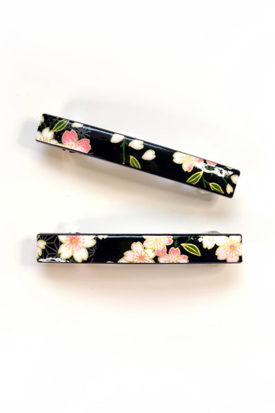 Barrette mince WASHI Sakura noir - Fleurs d'Ascenseurs