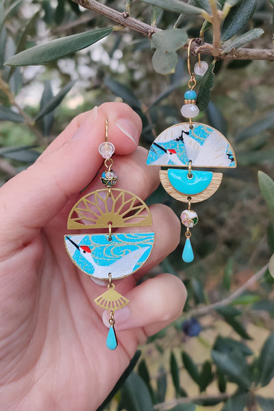 boucles d'oreilles asymétriques japonaises à motif de grue bleue turquoise