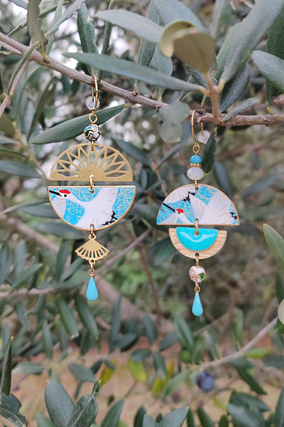 boucles d'oreilles asymétriques japonaises à motif de grue bleue turquoise