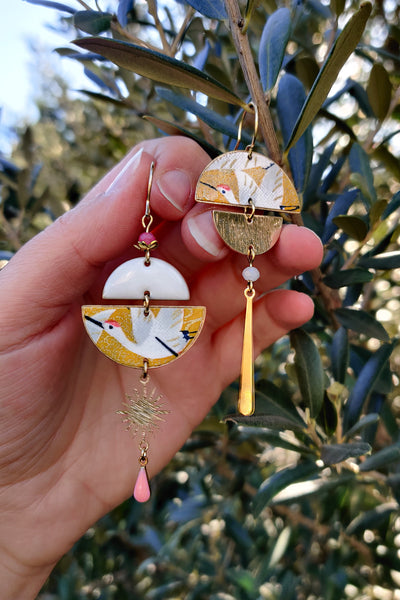 Boucles d'oreilles asymétriques Grues jaune