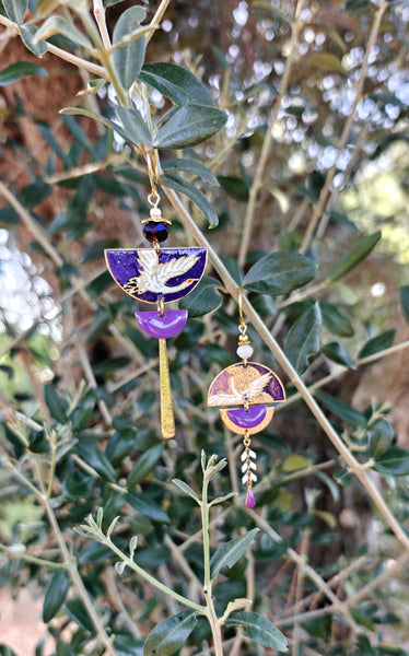 Boucles d'oreilles asymétriques violettes grue en papier japonais