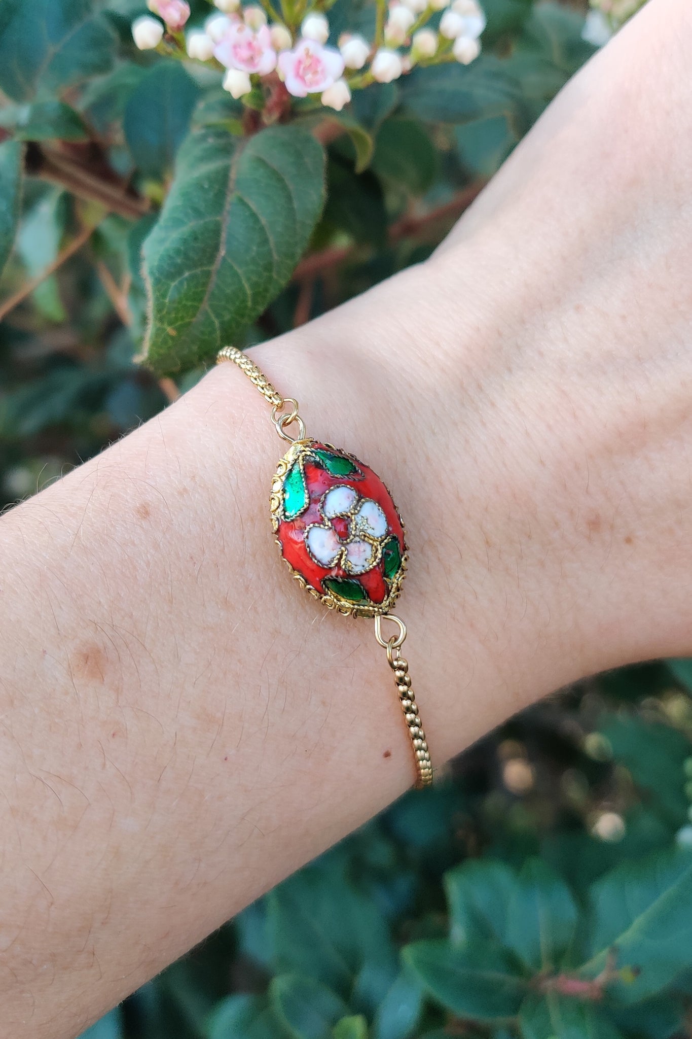 bracelet femme en acier inoxydable et émail cloisonné rouge