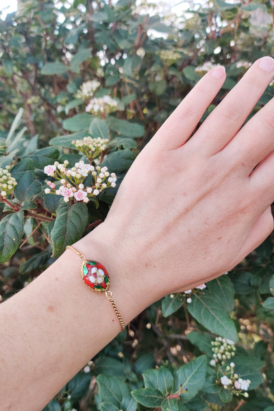 bracelet femme en acier inoxydable et émail cloisonné rouge