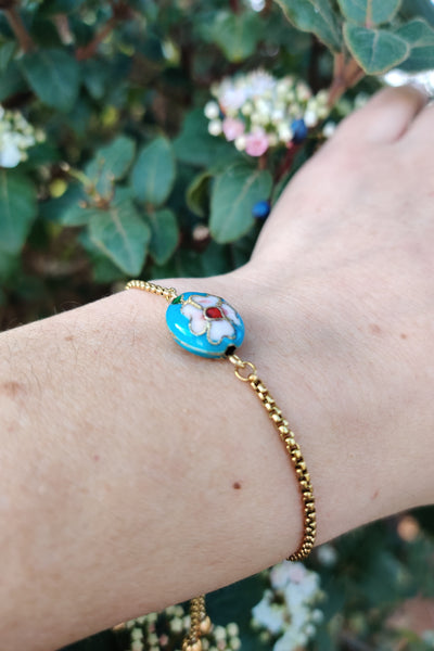 bracelet femme en acier inoxydable et émail cloisonné bleu turquoise
