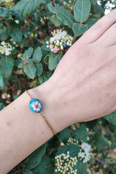 bracelet femme en acier inoxydable et émail cloisonné bleu turquoise
