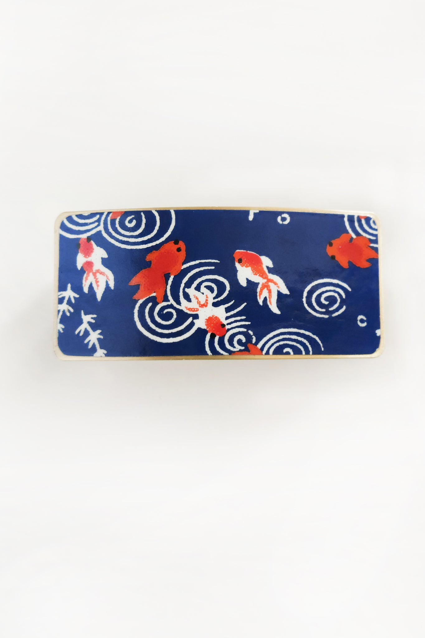 barrette à cheveux pour femme en métal doré , motif poissons rouges sur fond bleu