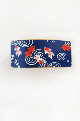 barrette à cheveux pour femme en métal doré , motif poissons rouges sur fond bleu