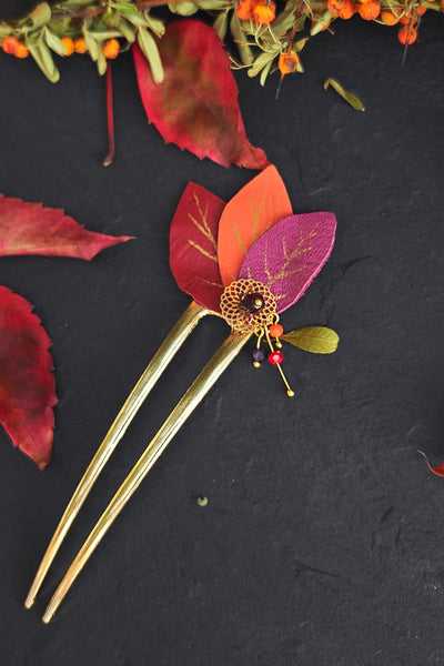 grande Epingle à cheveux pour chignons banane , motif de feuilles d'automne