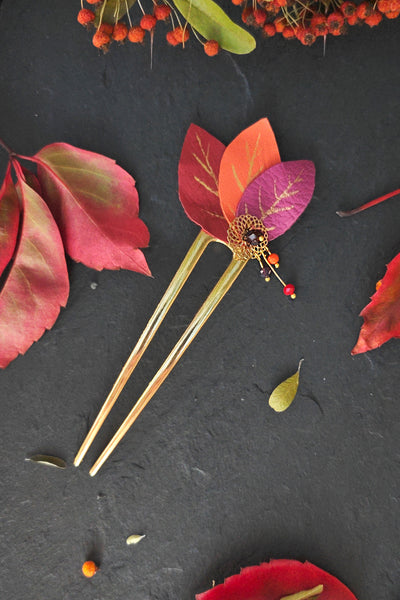 grande Epingle à cheveux pour chignons banane , motif de feuilles d'automne