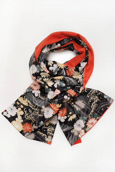 écharpe en cachemire et tissu japonais fleuri, marron et orange