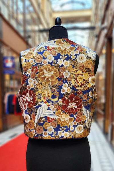 gilet en tissu japonais traditionnel bleu  avec motif grue