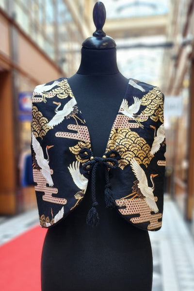 Bolero femme en tissu japonais grues noir et or