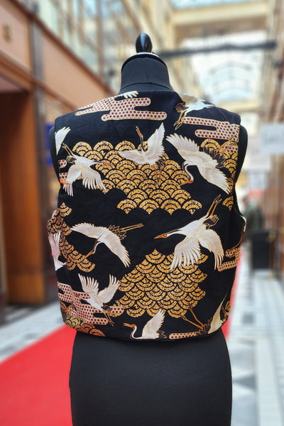Bolero femme en tissu japonais grues noir et or