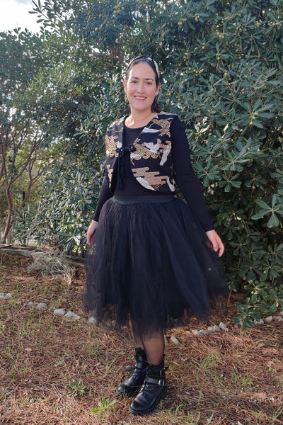 Bolero femme en tissu japonais grues noir et or