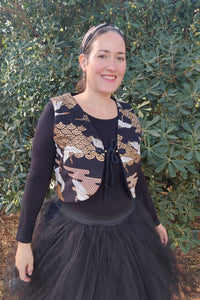Bolero femme en tissu japonais grues noir et or