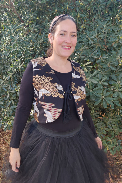 Bolero femme en tissu japonais grues noir et or