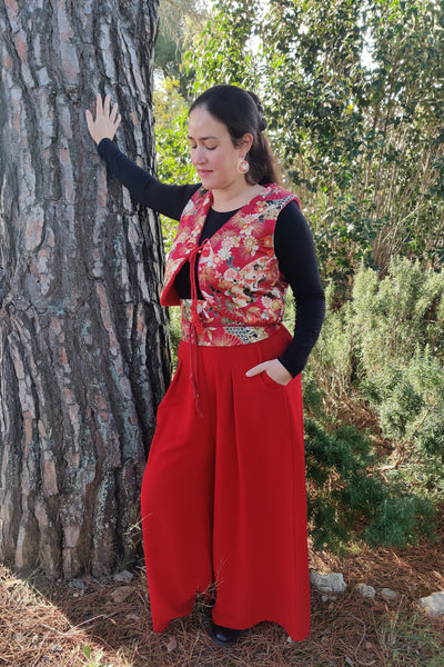 Gilet sans manches rouge en tissu japonais traditionnel chaud