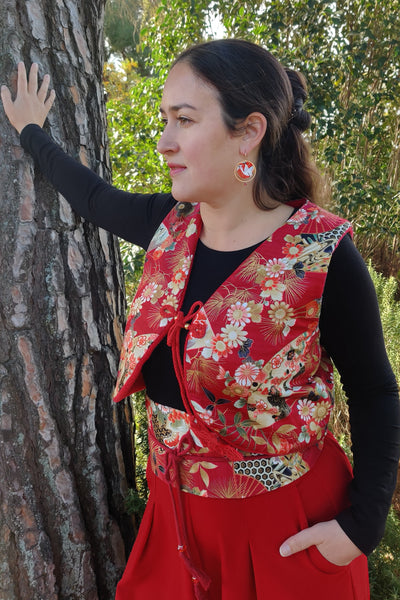 Gilet sans manches rouge en tissu japonais traditionnel chaud