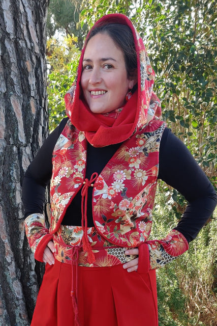 Gilet sans manches rouge en tissu japonais traditionnel chaud